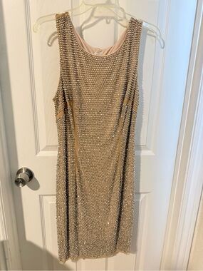 Cache Sleeveless Beaded Midi Dress in Champagne
